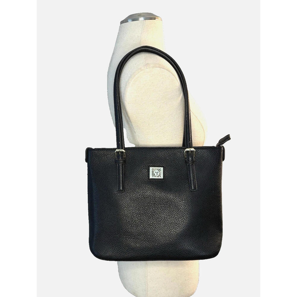 Anne Klein Black Faux Leather Perfect Tote Zippered Shoulder Bag Purse EUC